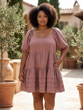 AMERICAN EAGLE Women's Brown Puff-Sleeve Tiered Peasant dress size xl